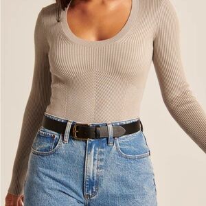 Abercrombie & Fitch Taupe Ribbed Long-sleeve Scoop-neck Knit Top